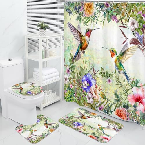 4-teiliges Duschvorhang-Set Mit Frühlingsblumenmuster – Kolibri-Aquarell-Design, rutschfeste Teppiche Und 12 Haken – Moderne Badezimmerdekoration(A4) von OwkHome