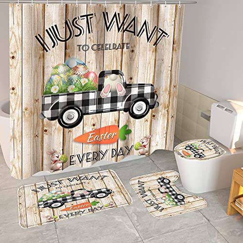 4-teiliges Oster-Duschvorhang-Set Mit Badvorlegern, Toilettendeckelbezug Und Haken, Cartoon-Kaninchen- Und Osterei-Design, wasserdichte Badezimmerdekoration for Zuhause(S5) von OwkHome