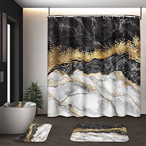 4er Boho Mid-Century-Duschvorhang-Set - Sonne-Pflanzen Design, rutschfeste Matten(Marble Black 2) von OwkHome