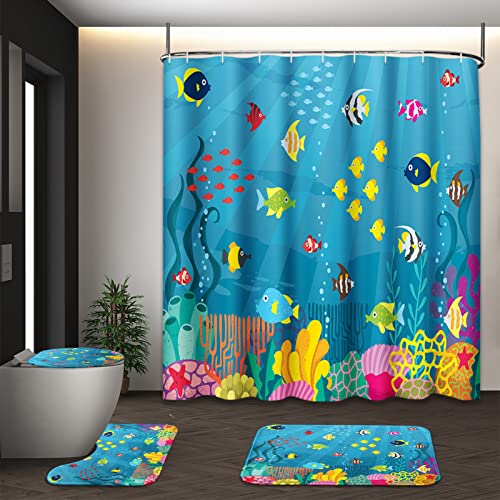 4er Boho Mid-Century-Duschvorhang-Set - Sonne-Pflanzen Design, rutschfeste Matten(Sea Fish) von OwkHome