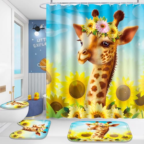 4er Rosafarbenes Leopard-Duschvorhang-Set - Leuchtendes Design, rutschfeste Matten(Yellow-giraffem) von OwkHome