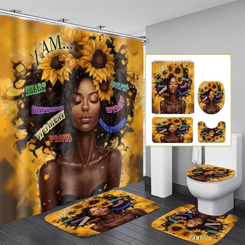 4er Set Schwarzer König - Königin - Duschvorhang Mit Inspirierenden Zitaten - Weihnachts - Badezimmerdeko Mit Duschvorhang, Teppichen, WC - Deckelabdeckung Und Badematte, Romantisches Afroamerikanisch von OwkHome