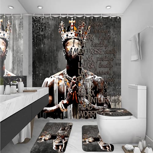 4er Set Schwarzer König - Königin - Duschvorhang Mit Inspirierenden Zitaten - Weihnachts - Badezimmerdeko Mit Duschvorhang, Teppichen, WC - Deckelabdeckung Und Badematte, Romantisches Afroamerikanisch von OwkHome