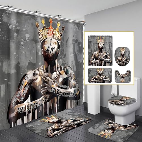 4er Set Schwarzer König - Königin - Duschvorhang Mit Inspirierenden Zitaten - Weihnachts - Badezimmerdeko Mit Duschvorhang, Teppichen, WC - Deckelabdeckung Und Badematte, Romantisches Afroamerikanisch von OwkHome