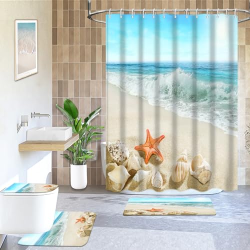 4er Sommerstrand-Duschvorhang-Set - Seestern-Muschel Design, Wasserdicht & rutschfest(Sand Starfish Seashell) von OwkHome