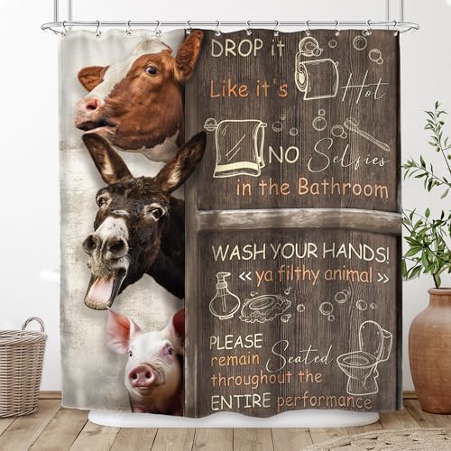 Duschvorhang Mit Highland-Kuh-Motiv – Western-Scheunentor, Texanisches Rind, Grauer Bulle, Wildblumen – Rustikales Bauernhaus-Tierdekor – Polyester, Wasserdicht – 12 Haken(Animals,72"W x 72"L (Pack of von OwkHome