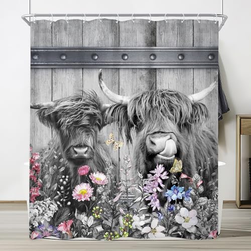 Duschvorhang Mit Highland-Kuh-Motiv – Western-Scheunentor, Texanisches Rind, Grauer Bulle, Wildblumen – Rustikales Bauernhaus-Tierdekor – Polyester, Wasserdicht – 12 Haken(Bull,36"W x 72"L (Pack of 1) von OwkHome