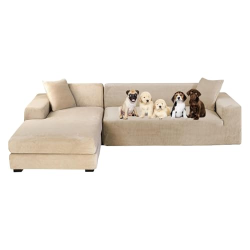 OwkHome 2-teiliger L-förmiger Sofabezug Aus Samt Mit Rutschfestem Stretchschutz(Beige,4+4 Seater) von OwkHome