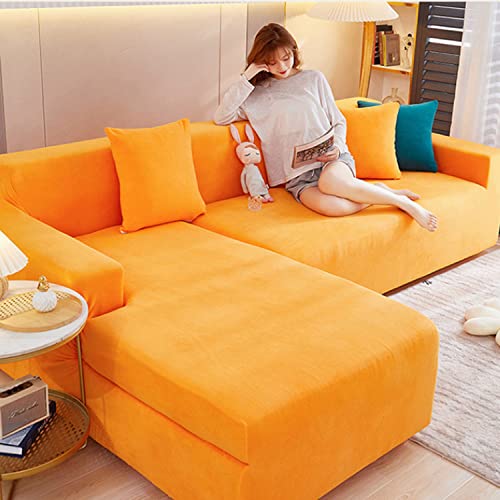 OwkHome 2-teiliges L-förmiges Sofabezug-Set Aus Plüsch Mit Elastischer Unterstützung(Orange,2 Seater+3 Seater) von OwkHome