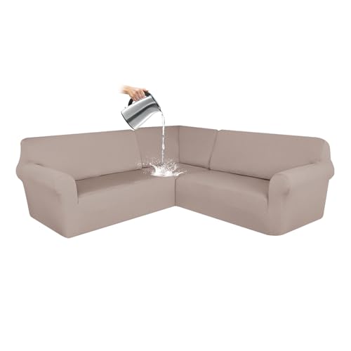 OwkHome 3-teiliger L-förmiger Sofabezug, Wasserabweisender, Haustiersicherer Möbelschutz Mit Rutschfestem Design(Khaki) von OwkHome