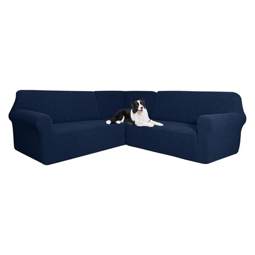 OwkHome 3-teiliger L-förmiger Sofabezug Mit Stretch-Stoffschutz(Navy Blue) von OwkHome