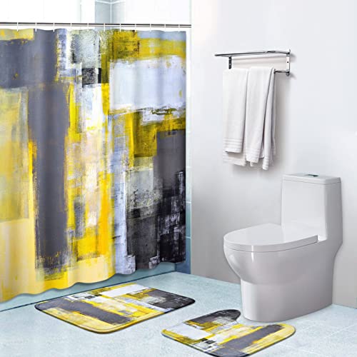 OwkHome 3er Badezimmer Set, 183x183cm Wasserdichter Duschvorhang Mit Anti-Rutsch Matten, Ozeanlebens Thema(Yellow Abstract) von OwkHome