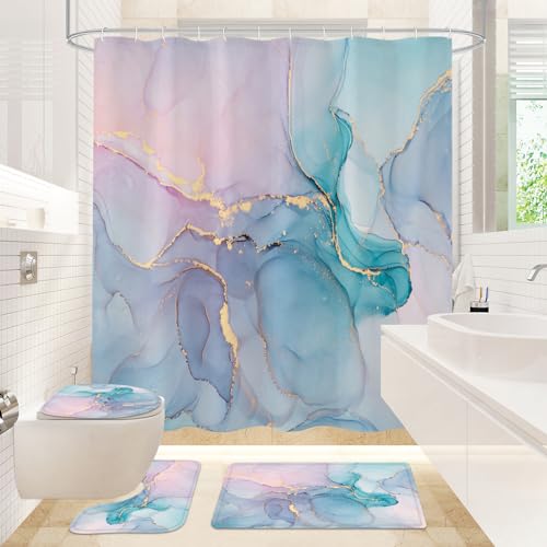 OwkHome 4 - Stücke Grauer - Marmor - Badezimmer - Duschvorhangset - Rutschsichere Teppiche, WC - Deckelabdeckung Und Badematte Enthalten(Blue+Pink) von OwkHome