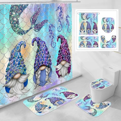 OwkHome 4 - Stücke Sonnenblumen - Gartenzwerge - Duschvorhangset - Rutschsichere Teppiche, WC - Deckelabdeckung Und Badematte - Landhausstil - Badezimmerdeko(Seahorse) von OwkHome