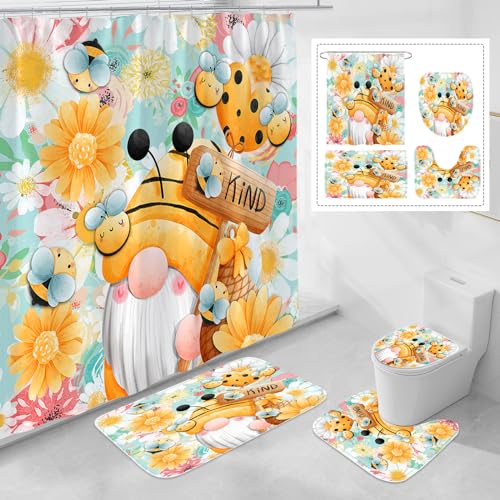 OwkHome 4 - Stücke Sonnenblumen - Gartenzwerge - Duschvorhangset - Rutschsichere Teppiche, WC - Deckelabdeckung Und Badematte - Landhausstil - Badezimmerdeko(Spinggnomes) von OwkHome
