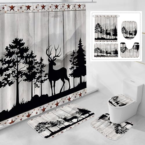 OwkHome 4 - Stücke Vintage - Holz - Duschvorhangset Mit Rutschsicheren Teppichen, WC - Deckelabdeckung Und Badematte - Landhausstil - Badezimmerdeko(Deer) von OwkHome
