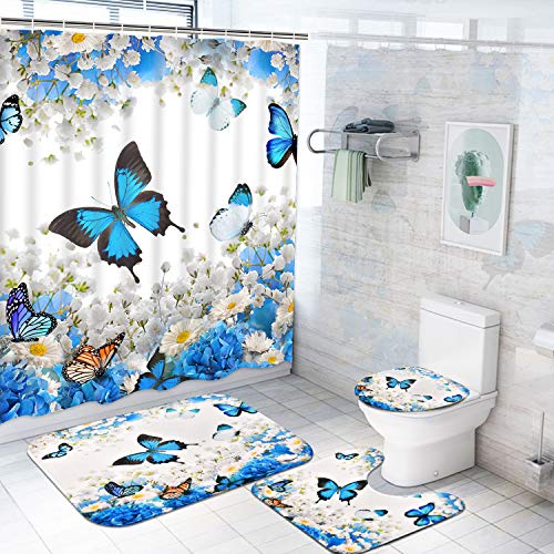 OwkHome 4-teilige Duschvorhang-Set Mit Schmetterlings-Blumenmuster – rutschfeste Matte, Toilettensitzbezug, Badematte, 12 Haken – Wasserdichtes Polyester, 175x178 cm von OwkHome