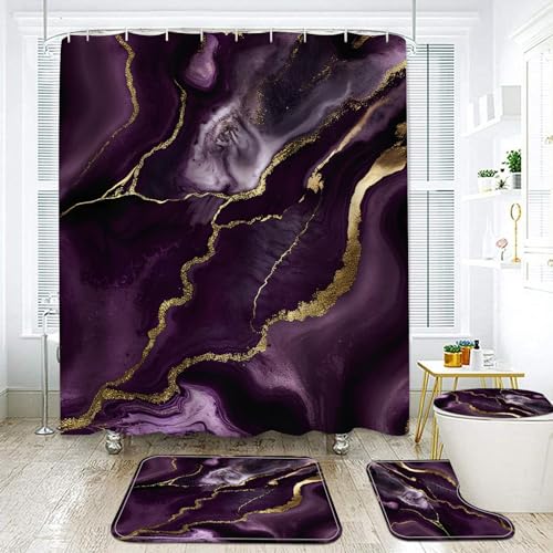OwkHome 4-teiliges Duschvorhang-Set Aus Schwarzem Marmor Mit Badevorlegern, Toilettendeckelbezug Und Haken, Badezimmerdekor Mit Grauem Marmormuster, Wasserfester Stoff(Dark Purple) von OwkHome