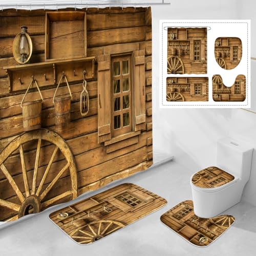 OwkHome 4-teiliges Duschvorhang-Set Mit Bär Und Hirsch Im Landhausstil – rutschfeste Teppiche, Toilettendeckelbezug Und Badematte – Rustikale Badezimmerdekoration Aus Holz(Barrel) von OwkHome