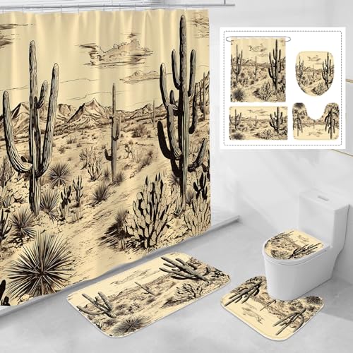 OwkHome 4-teiliges Duschvorhang-Set Mit Bär Und Hirsch Im Landhausstil – rutschfeste Teppiche, Toilettendeckelbezug Und Badematte – Rustikale Badezimmerdekoration Aus Holz(Cactus) von OwkHome