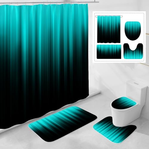 OwkHome 4-teiliges Duschvorhang-Set Mit Farbverlauf In Pink Und Schwarz – rutschfeste Teppiche, Toilettendeckelbezug Und 12 Haken – Modernes Gotisches Badezimmerdekor(Teal) von OwkHome