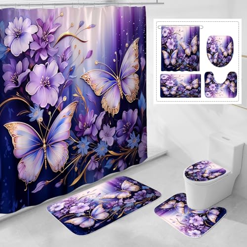 OwkHome 4-teiliges Duschvorhang-Set Mit Lila Blumen Und Schmetterlingen – rutschfeste Teppiche, Toilettendeckelbezug Und Badematte – Elegante Badezimmerdekoration(A1) von OwkHome