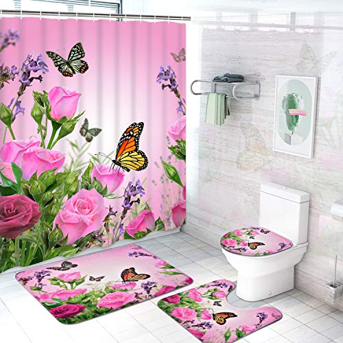 OwkHome 4-teiliges Duschvorhang-Set Mit Rosa Rosen – rutschfeste Teppiche, Toilettendeckelbezug Und 12 Haken – wasserdichte Badezimmerdekoration Mit Blumen- Und Schmetterlingsmotiv von OwkHome