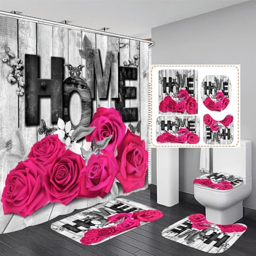 OwkHome 4-teiliges Duschvorhang-Set Mit Roten Rosen – rutschfeste Badematte, U-förmiger Teppich, Toilettensitzbezug – Wasserdichtes Polyester, 183x183 cm(Rose Decoration Pink) von OwkHome