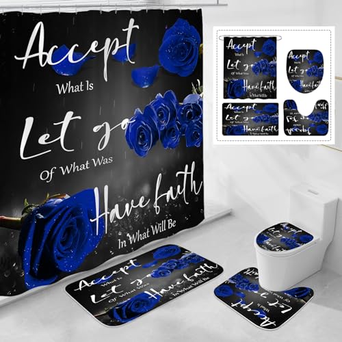 OwkHome 4-teiliges Duschvorhang-Set Mit Roten Rosen – rutschfeste Teppiche, Toilettendeckelbezug Und Badematte – Elegantes Badezimmerdekor Im Retro-Stil(Blue) von OwkHome
