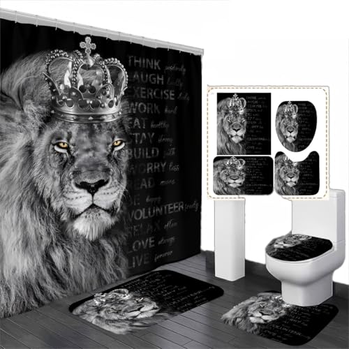 OwkHome 4-teiliges Löwen-Duschvorhang-Set – Inspirierende Zitate, Schwarzes Wildtierkönig-Thema, Mit Rutschfesten Teppichen, Toilettendeckelbezug Und Badematte – Modernes Badezimmer-Zubehör von OwkHome
