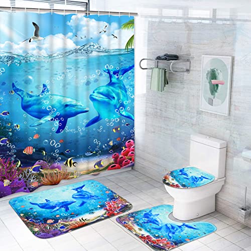 OwkHome 4-teiliges Meerjungfrau-Duschvorhang-Set – rutschfeste Teppiche, Toilettendeckelbezug Und 12 Haken – Ozean-Badezimmerdekor(B3) von OwkHome