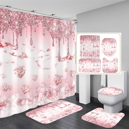 OwkHome 4-teiliges Rosafarbenes Duschvorhang-Set Mit Blumenmuster – rutschfeste Teppiche, Toilettendeckelbezug Und 12 Haken – Inspirierende Mädchendekoration(Rose) von OwkHome