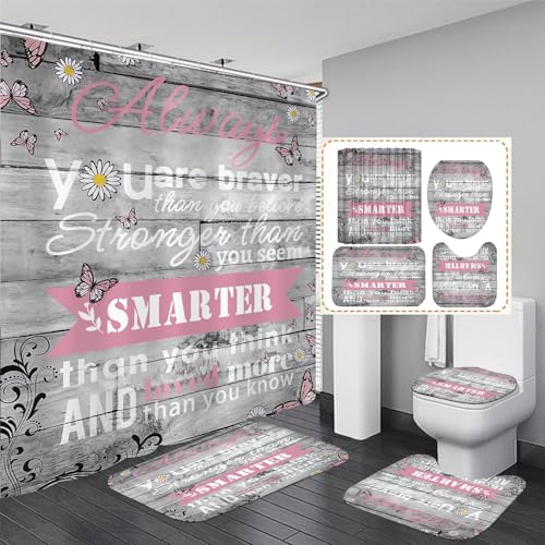 OwkHome 4-teiliges Rosafarbenes Modisches Duschvorhang-Set – rutschfeste Teppiche, Toilettendeckelbezug Und 12 Haken – Modernes Parfümflaschen-Blumendekor(Grey) von OwkHome