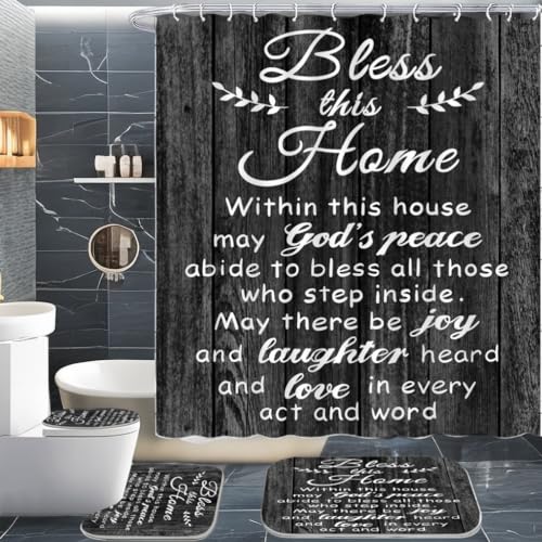 OwkHome 4-teiliges Schwarzes Duschvorhang-Set Mit Bibelversen – rutschfeste Teppiche, Toilettendeckelbezug Und 12 Haken – Inspirierendes Christliches Dekor(Black) von OwkHome