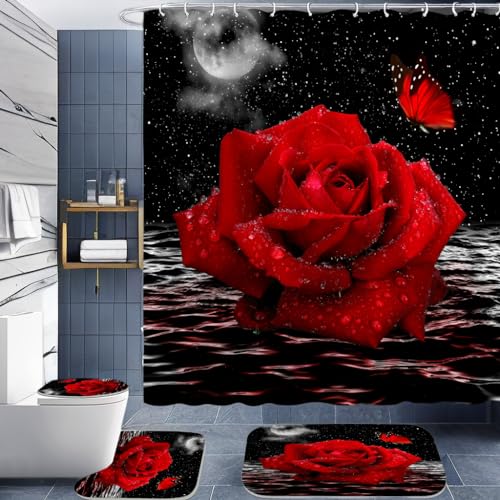 OwkHome 4-teiliges Schwarzes Duschvorhang-Set Mit Bibelversen – rutschfeste Teppiche, Toilettendeckelbezug Und 12 Haken – Inspirierendes Christliches Dekor(Red) von OwkHome