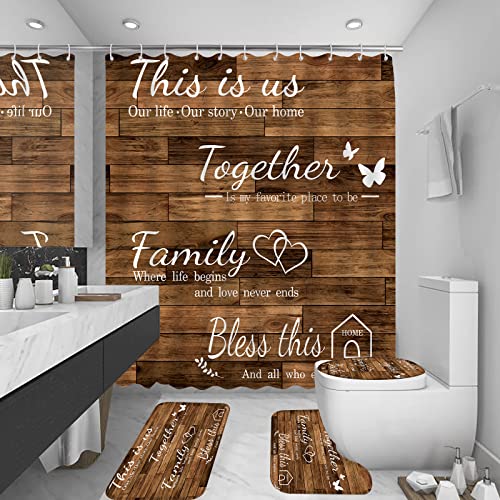 OwkHome 4-teiliges Schwarzes Familien-Duschvorhang-Set – rutschfeste Teppiche, Toilettendeckelbezug Und 12 Haken – wasserdichte Badezimmerdekoration(Brown) von OwkHome