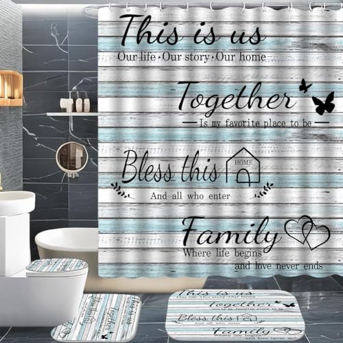 OwkHome 4-teiliges Schwarzes Familien-Duschvorhang-Set – rutschfeste Teppiche, Toilettendeckelbezug Und 12 Haken – wasserdichte Badezimmerdekoration(Cyan) von OwkHome