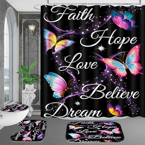 OwkHome 4er Blaues Licht-Schmetterling-Duschvorhang-Set - rutschfeste Matten & Wasserdicht(Black Pink) von OwkHome