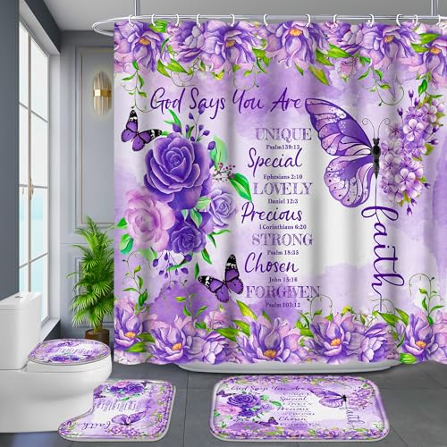 OwkHome 4er Blaues Licht-Schmetterling-Duschvorhang-Set - rutschfeste Matten & Wasserdicht(Violet Green) von OwkHome