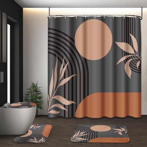 OwkHome 4er Boho Mid-Century-Duschvorhang-Set - Geometrische Badezimmerdekoration, rutschfest(Boho Grey Background) von OwkHome