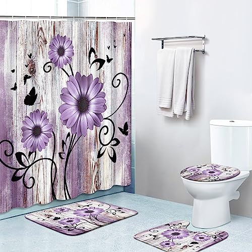 OwkHome 4er Duschvorhang-Set Mit Lila Gänseblümchen Und Rutschfesten Matten, WC-Deckel Und Badematte - Badezimmereinrichtung OwkHome 4er Duschvorhang-Set Mit Lila Gänseblümchen Und Rutschfesten Matten, WC-Deckel Und Badematte - Badezimmereinrichtung von OwkHome