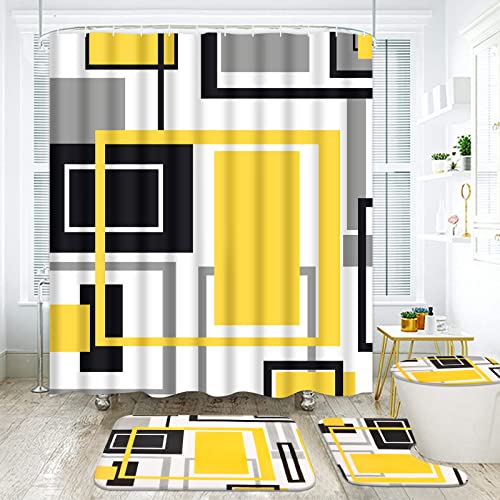 OwkHome 4er Gelb-Geometrie-Duschvorhang-Set Mit Rutschfesten Matten, WC-Deckel Und 12 Haken - Moderne Badezimmereinrichtung(Yellow) von OwkHome