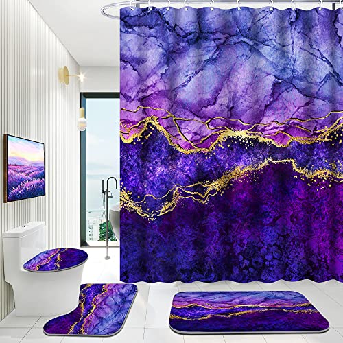 OwkHome 4er Geometrisches Badezimmerset mit Duschvorhang & Matten - Blauer wasserdichter Vorhang & rutschfeste Matten(B-Gold Purple Marble) von OwkHome