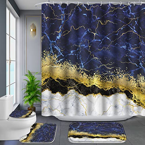 OwkHome 4er Goldrand-Marmor-Duschvorhang-Set - rutschfeste Matten & Wasserdicht - Lila(Style -03) von OwkHome
