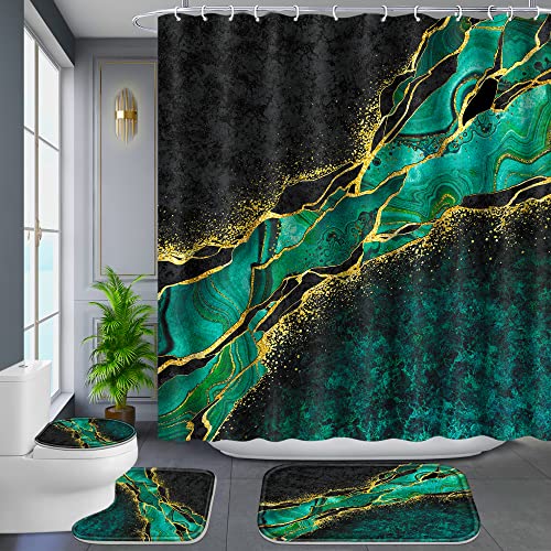 OwkHome 4er Goldrand-Marmor-Duschvorhang-Set - rutschfeste Matten & Wasserdicht - Lila(Style -04) von OwkHome