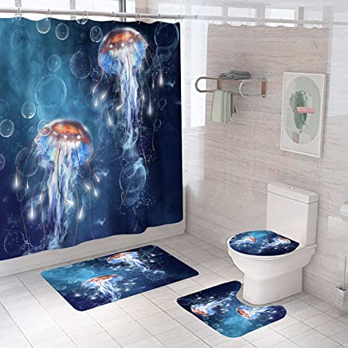 OwkHome 4er Meeresschildkröte Badezimmer Set, 180x180cm Wasserdichter Duschvorhang Mit Anti-Rutsch Matten & WC Abdeckung(Color Jellyfish) von OwkHome