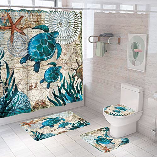 OwkHome 4er Meeresschildkröte Badezimmer Set, 180x180cm Wasserdichter Duschvorhang Mit Anti-Rutsch Matten & WC Abdeckung(Green Turtle) von OwkHome