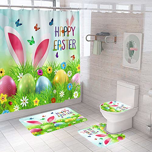 OwkHome 4er Oster-Hase-Duschvorhang-Set Mit Rutschfesten Matten, WC-Deckel Und 12 Haken - Frühlings-Badezimmerdeko(Green Red) von OwkHome