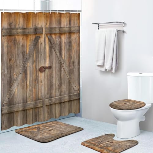 OwkHome 4er Rustikales Bauernhaus Badezimmer Set, 183x183cm Wasserdichter Duschvorhang Mit Anti-Rutsch Matten & WC Abdeckung von OwkHome
