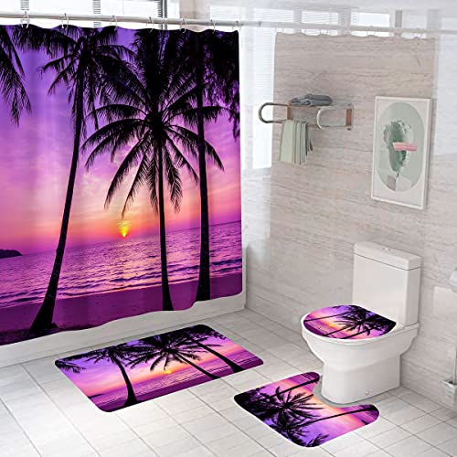 OwkHome 4er Strand-Duschvorhang-Set Mit Rutschfesten Matten, WC-Deckel Und 12 Haken - Ozean Sonnenaufgang Badezimmerdeko(Sunset 2) von OwkHome
